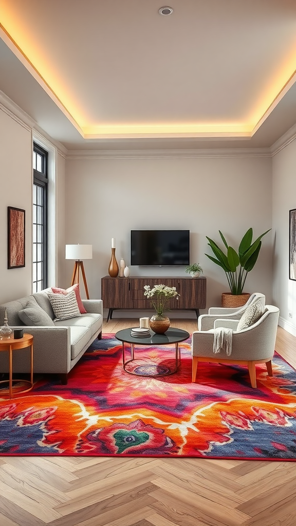 A vibrant area rug in a modern living room, featuring bold colors and a stylish design.