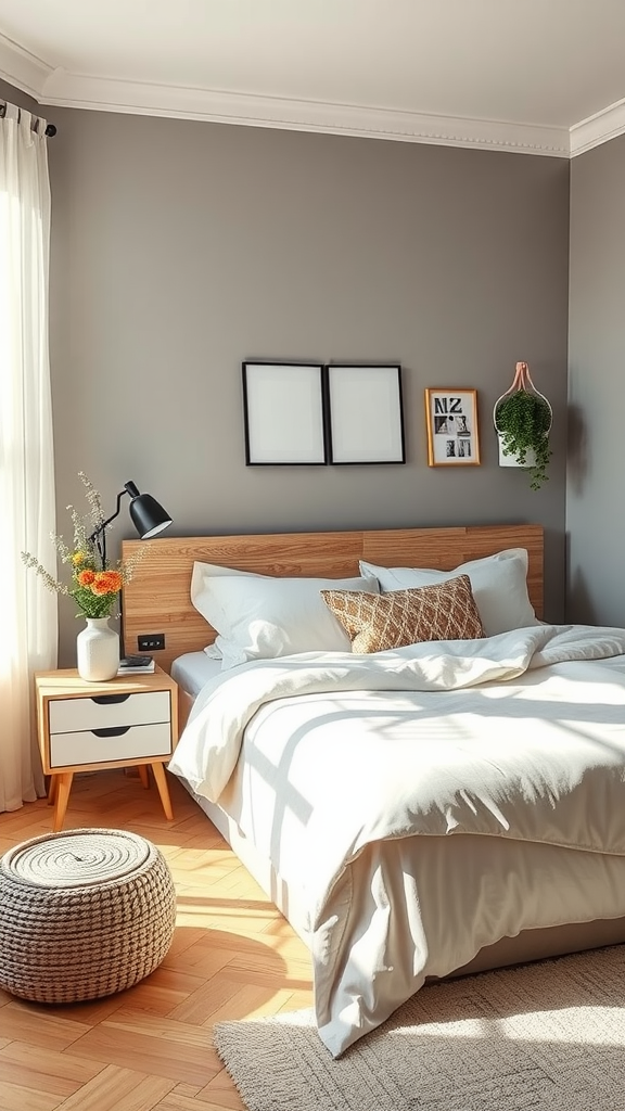 A cozy bedroom featuring a wooden headboard, soft bedding, and natural light