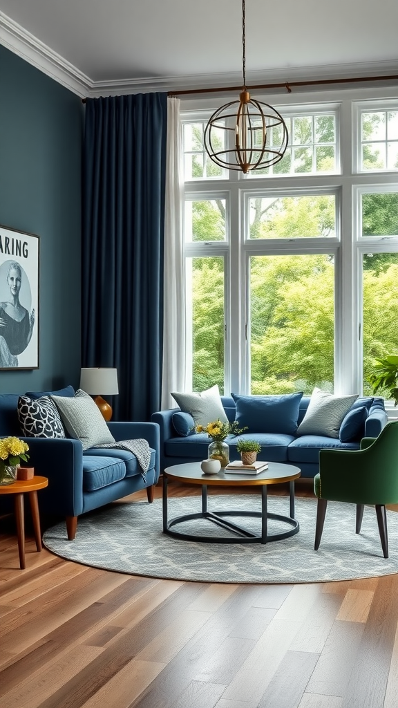 A modern living room featuring navy blue walls, sage green chair, and elegant furniture.