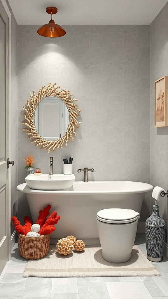 A stylish bathroom featuring coral-themed decor with a modern bathtub, coral accents in a basket, and a round mirror.