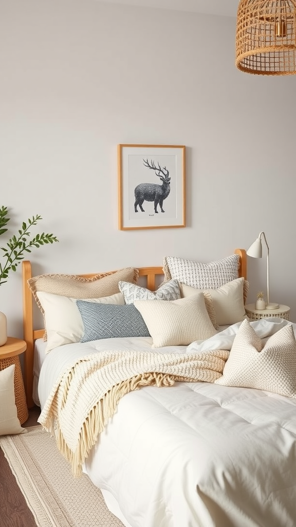 Cozy bedroom with multiple pillows and a knitted throw