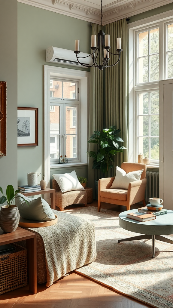 A cozy reading nook featuring sage green walls, comfortable seating, and natural light