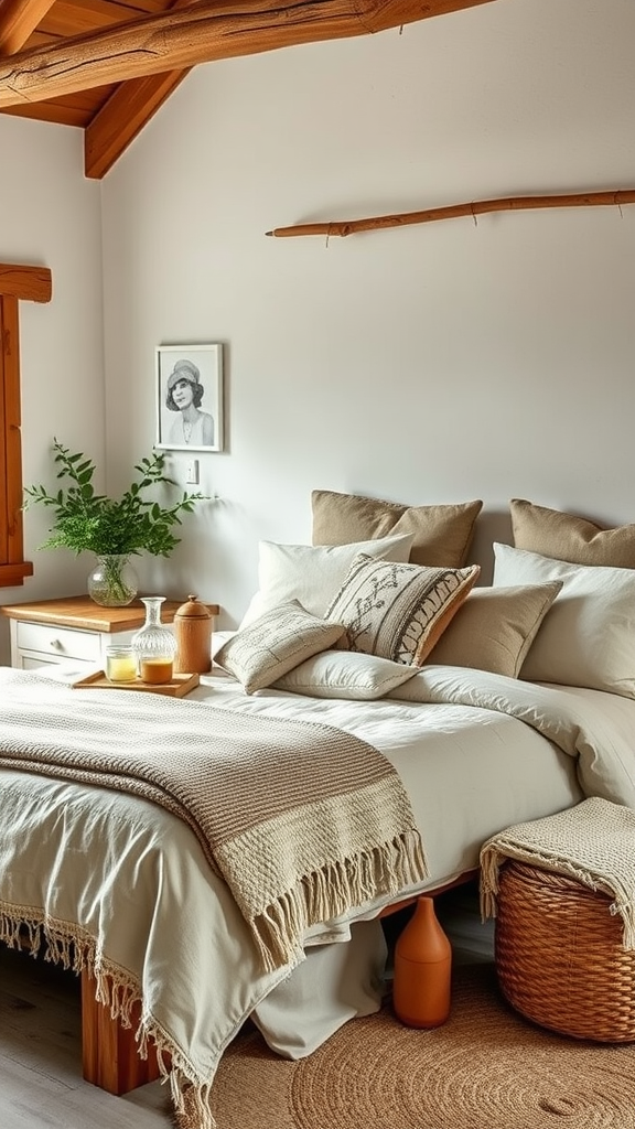 A cozy rustic bedroom with layered bedding and natural decor elements.