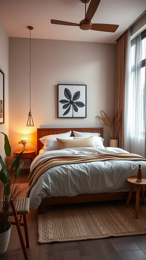 A serene Scandinavian-inspired bedroom with a large bed, warm tones, plants, and minimal decor.