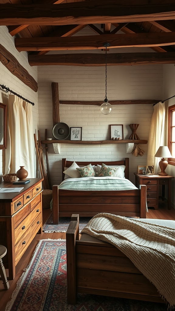 A rustic bedroom featuring wooden furniture, exposed beams, and cozy decor.