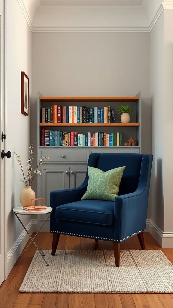 Cozy reading nook featuring a navy blue armchair, sage green cushion, small side table, and a bookshelf filled with colorful books.