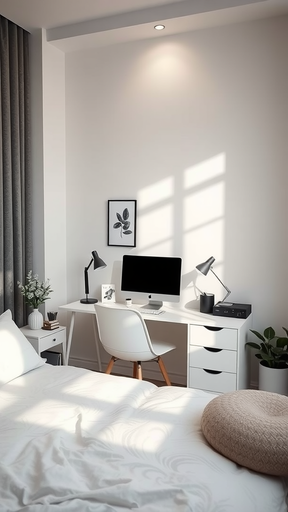 A minimalist workspace with a desk, computer, and plants in a cozy bedroom setting.