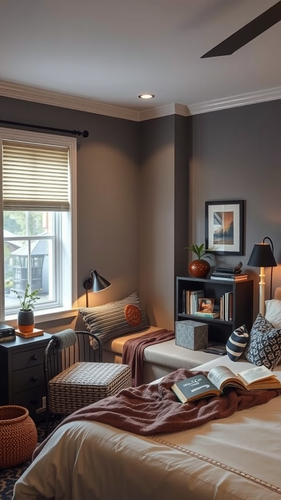 Cozy reading nook in a bedroom with Scandinavian home decor and rustic accents