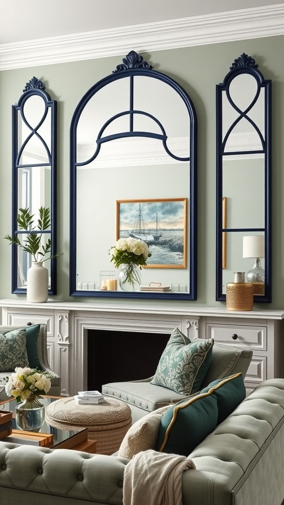 A living room featuring navy blue decorative wall mirrors against a sage green wall, with cozy seating and home decor elements.