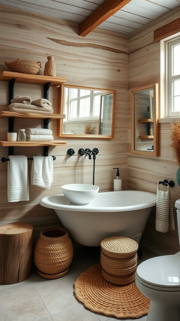 A stylish bathroom featuring driftwood and coastal decor elements.