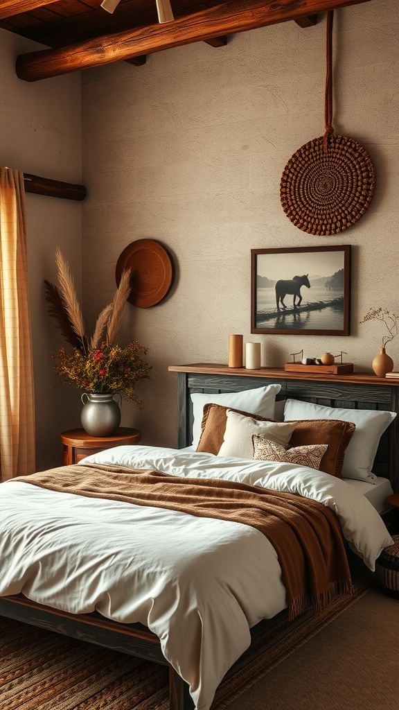 A cozy bedroom featuring earthy tones, rustic decor, and a Scandinavian influence.