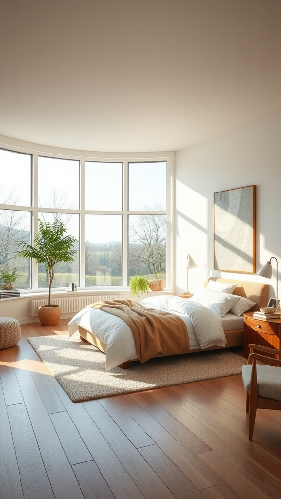 A beautifully lit Scandinavian bedroom with large windows, soft textures, and indoor plants.