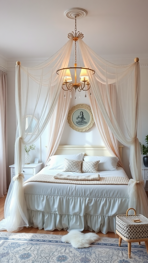 A cozy bedroom featuring a light-colored canopy bed with soft fabrics, a chandelier, and elegant decor.