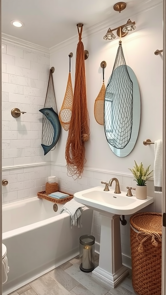 A bathroom featuring fishnet decor accents, including nets and a fish-shaped wall piece.