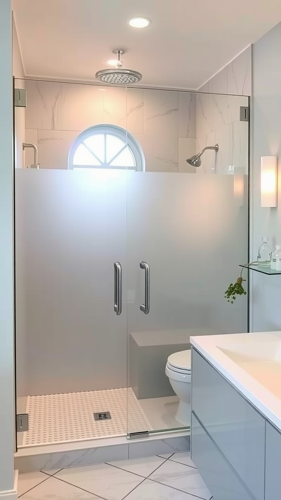 Modern bathroom with frosted glass shower doors and a coastal theme