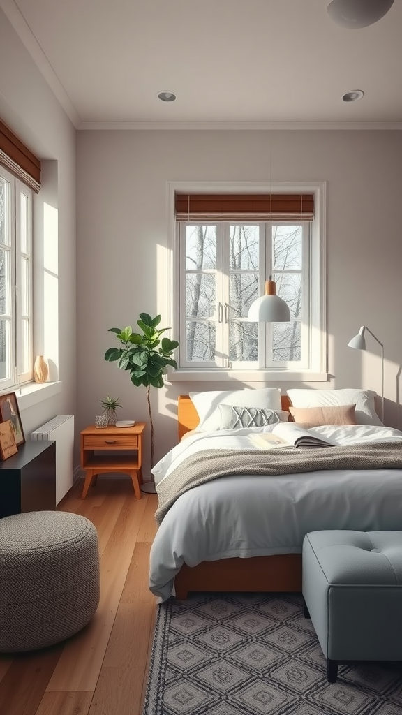 A cozy Scandinavian-inspired bedroom featuring a bed, nightstand, and pouf with warm wood tones and natural light.