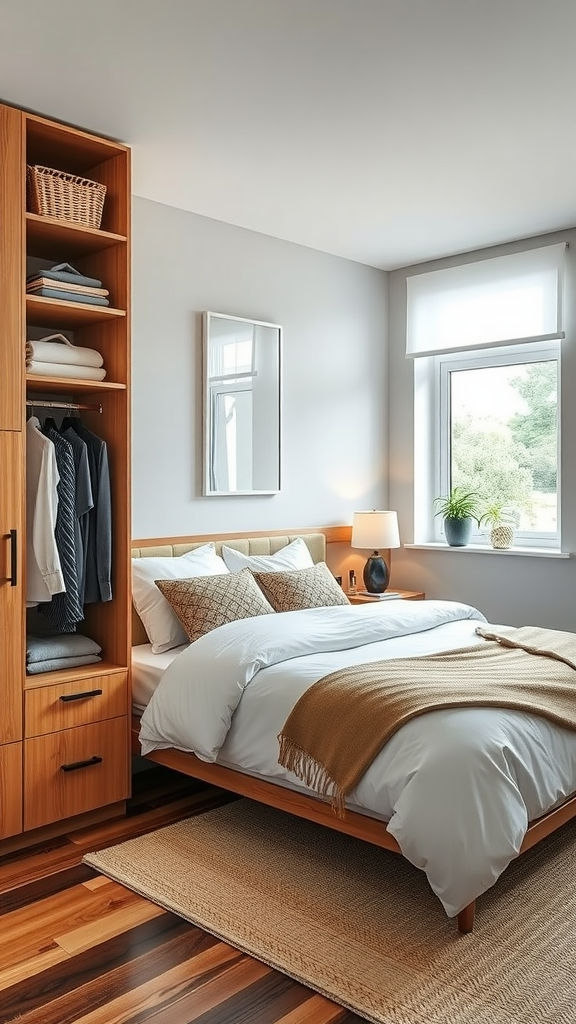 A cozy bedroom featuring a wooden storage unit, soft bedding, and warm decor elements.