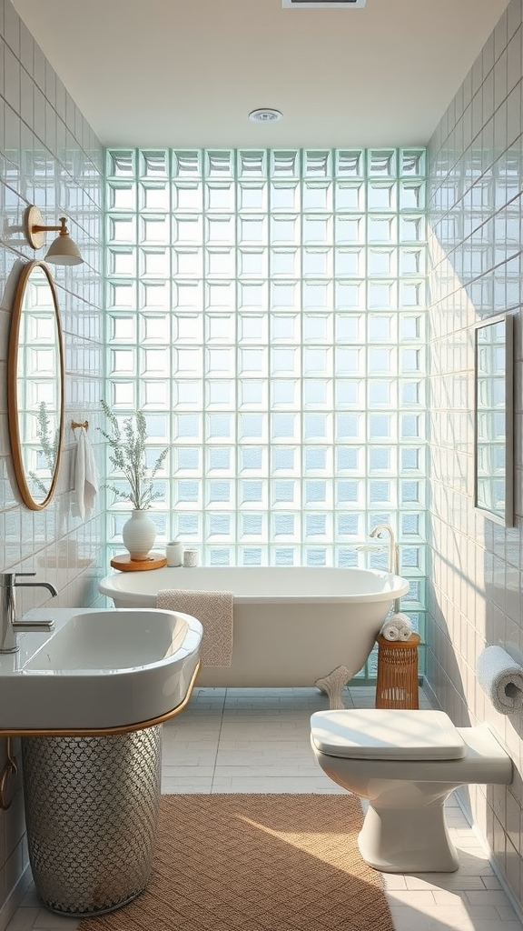 A bright bathroom featuring a glass block wall, vintage tub, and stylish fixtures.