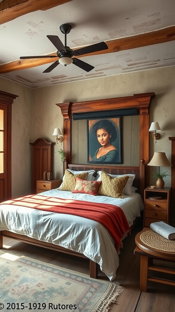 A cozy rustic bedroom featuring wooden beams, a bed with a red throw blanket, decorative pillows, and a portrait on the wall.