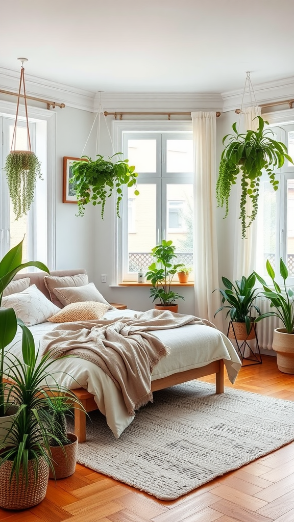 A bright bedroom with a cozy bed, adorned with plants, featuring a rustic decor style.