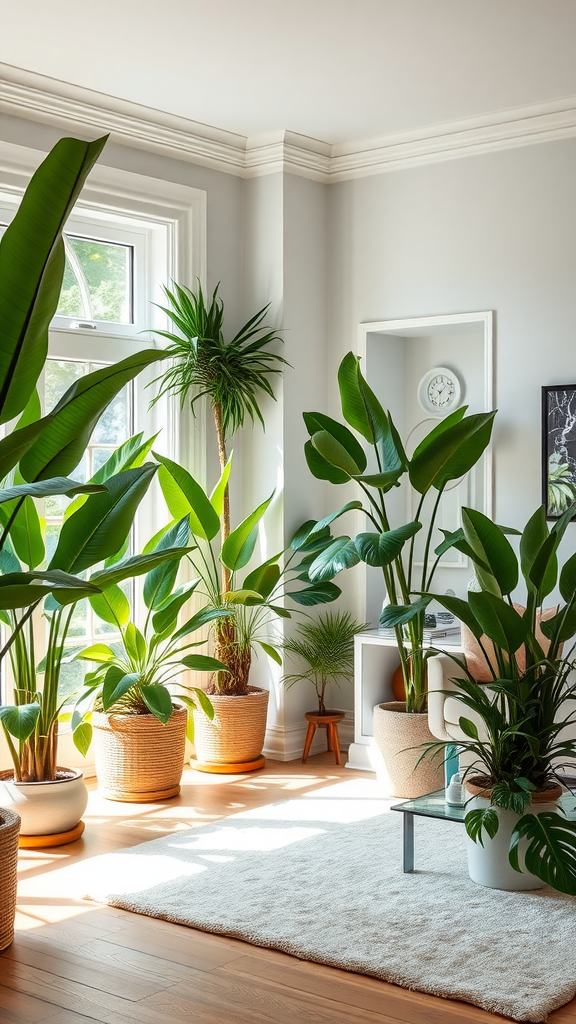 A bright living room filled with large indoor plants in stylish pots, sunlight streaming through the windows.