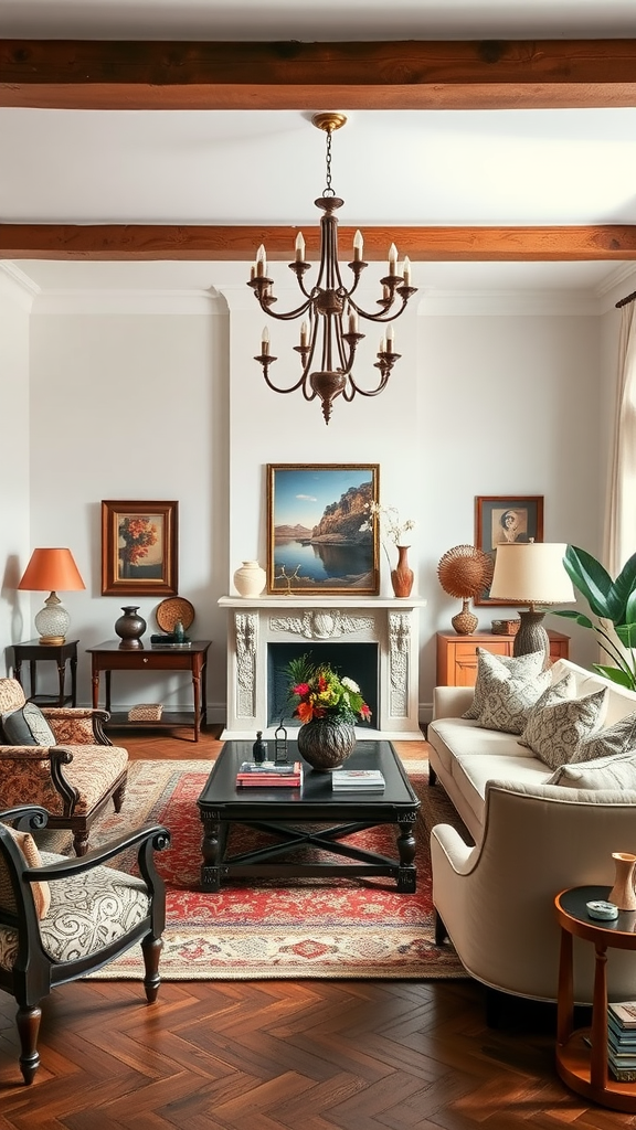 Cozy living room featuring vintage and antique decor elements, including a chandelier, patterned armchair, and framed artwork.