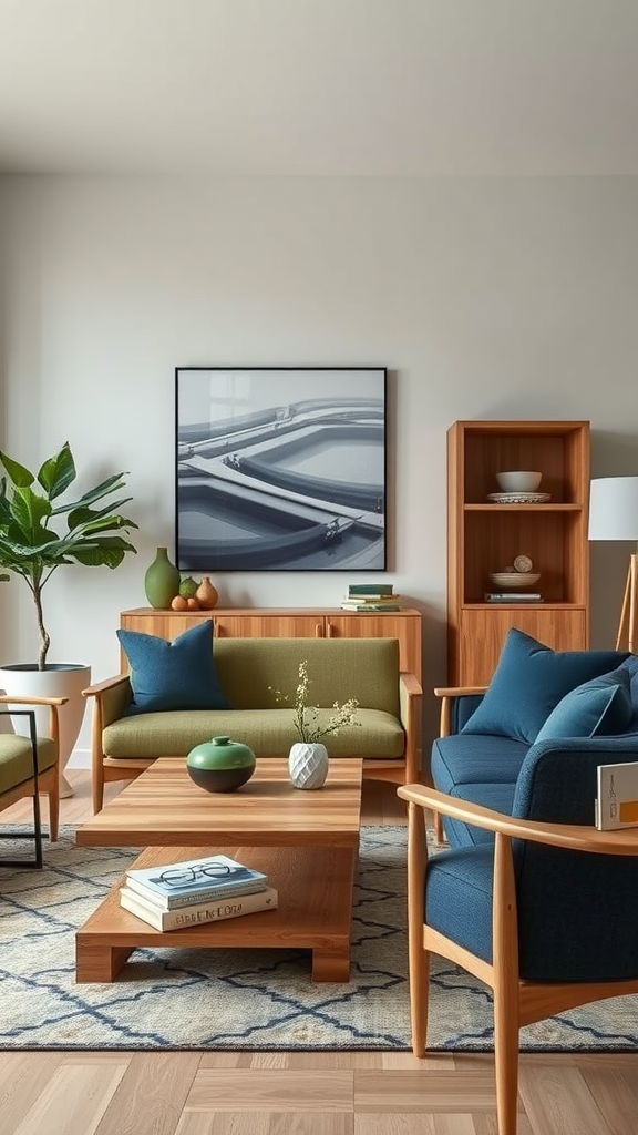 Living room featuring navy blue chairs, sage green sofa, and wooden furniture