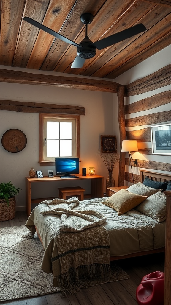 A Scandinavian-inspired bedroom featuring rustic wooden beams, a cozy bed, a ceiling fan, and a computer on a desk.