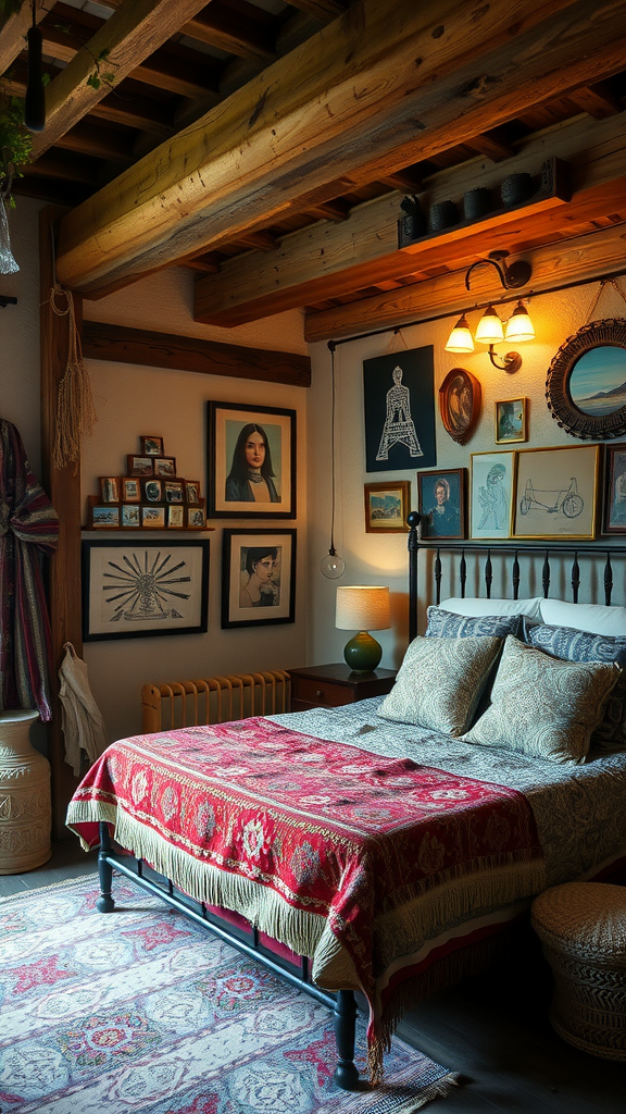 Cozy rustic bedroom with framed artworks on the walls, a patterned blanket on the bed, and wooden beams on the ceiling.