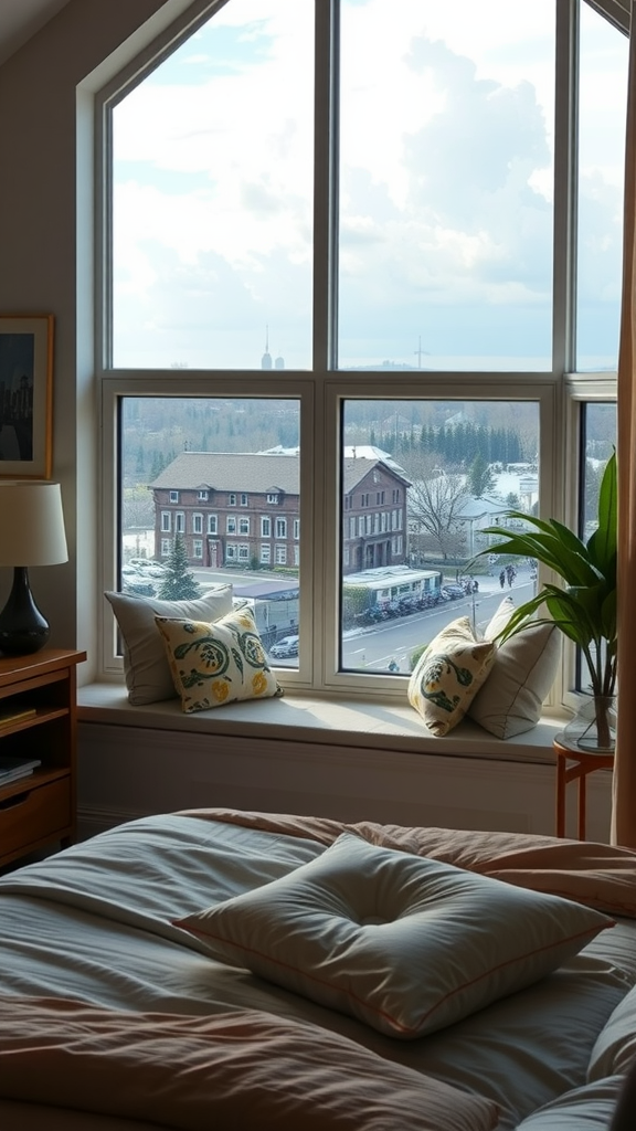 A cozy bedroom with a large window seat, soft cushions, and a view of the outdoors.