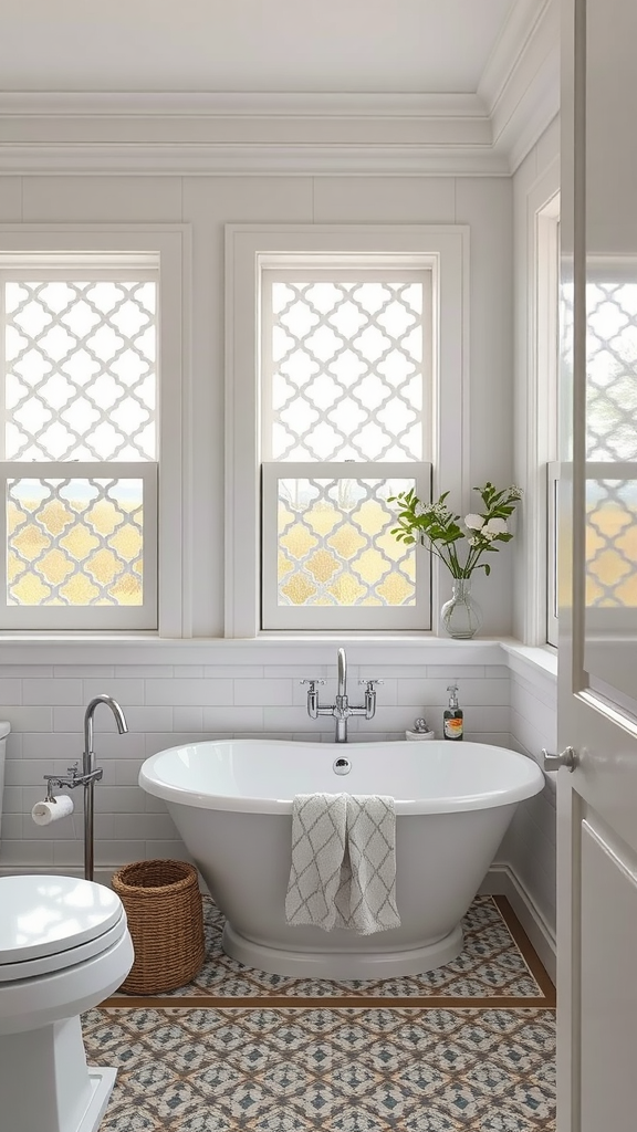 A bright bathroom featuring lattice work windows and a freestanding tub.