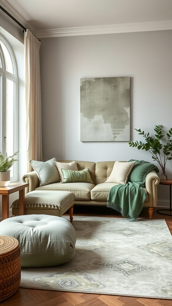 Cozy living room featuring layered textures in sage green decor with a sofa, cushions, and a pouf.