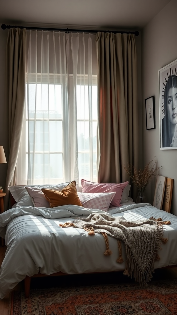 A cozy bedroom featuring layered textures with a bed adorned with various pillows, a knitted throw, and soft curtains.