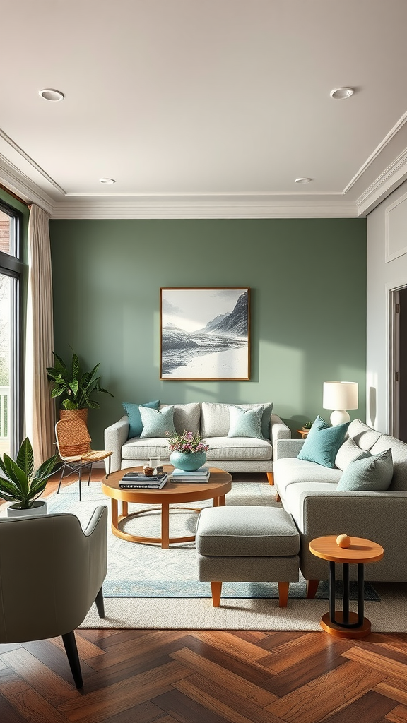 A serene living room featuring sage green walls, neutral furniture, and wooden accents.