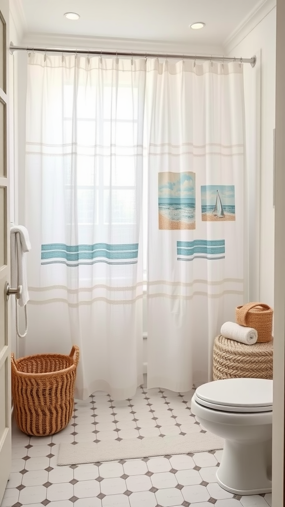 Linen shower curtain with beach prints in a bright bathroom setting