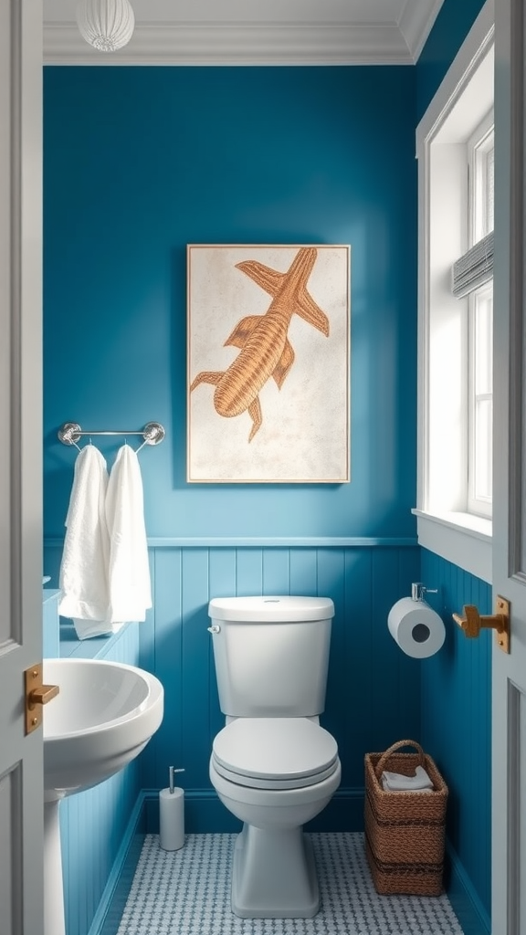 A bathroom with marine blue accent walls and a decorative fish artwork.