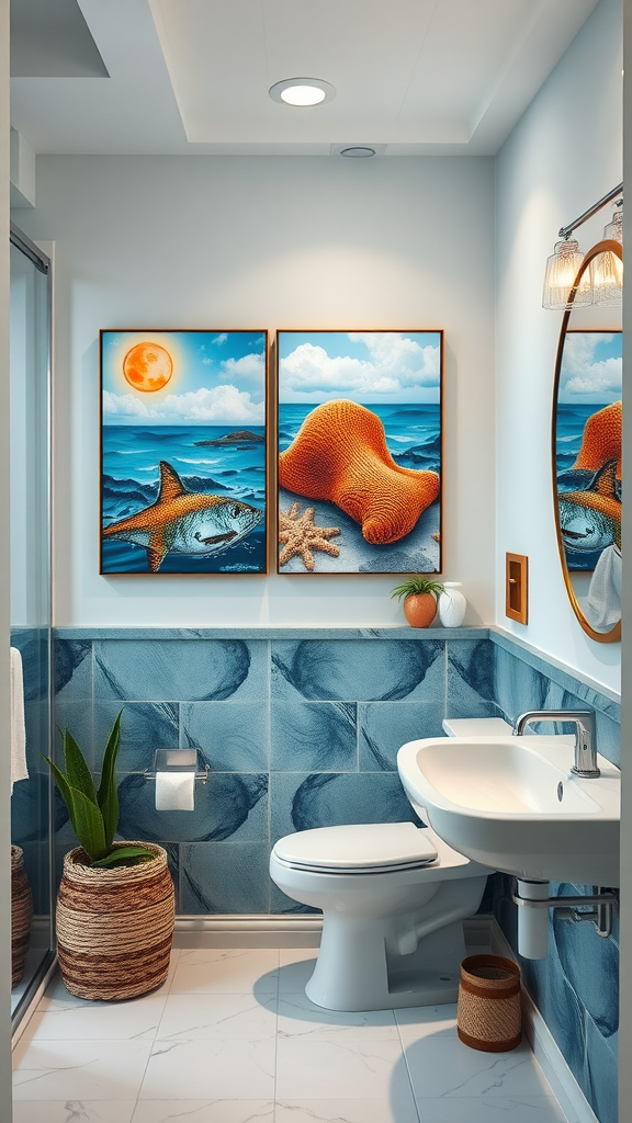 Bathroom featuring marine life artwork and coastal decor elements.