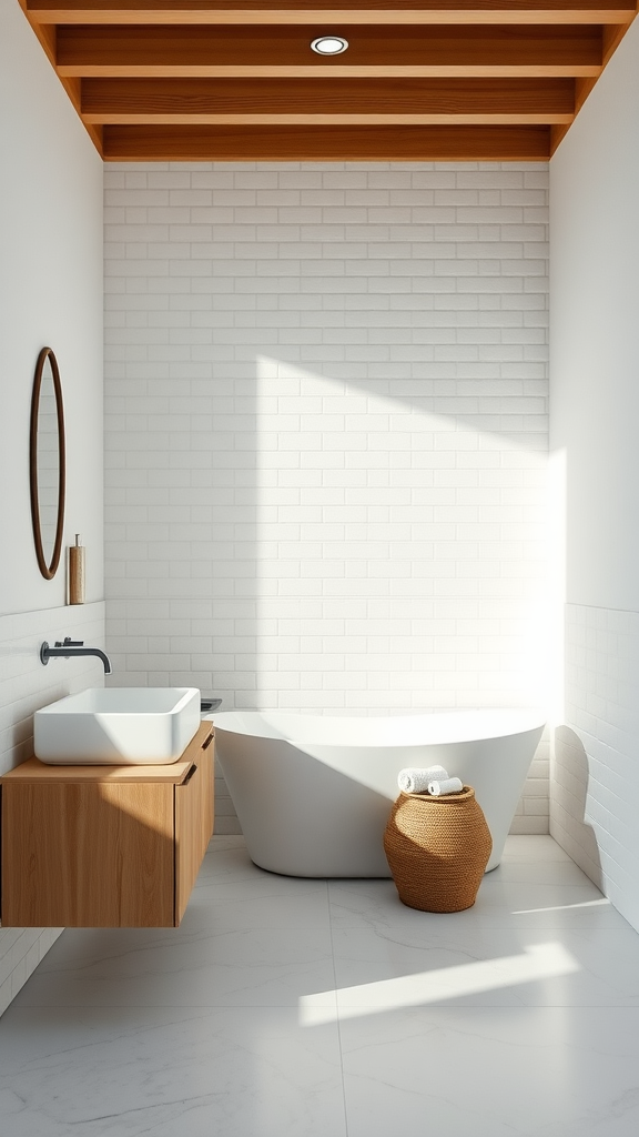 A minimalist coastal bathroom featuring white brick walls, a wooden ceiling, and a modern bathtub.