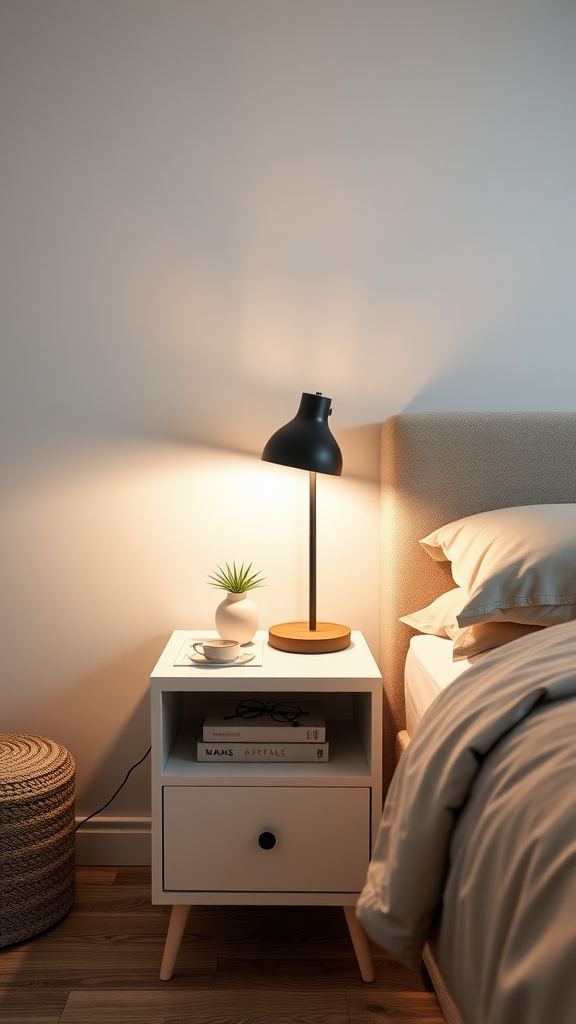 A minimalist nightstand with a lamp, a plant, and books beside a bed.