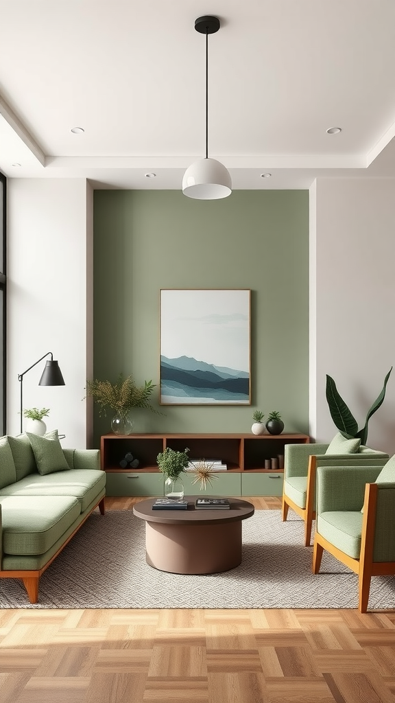 A minimalist living room featuring sage green walls, wooden furniture, and a cozy, inviting atmosphere.