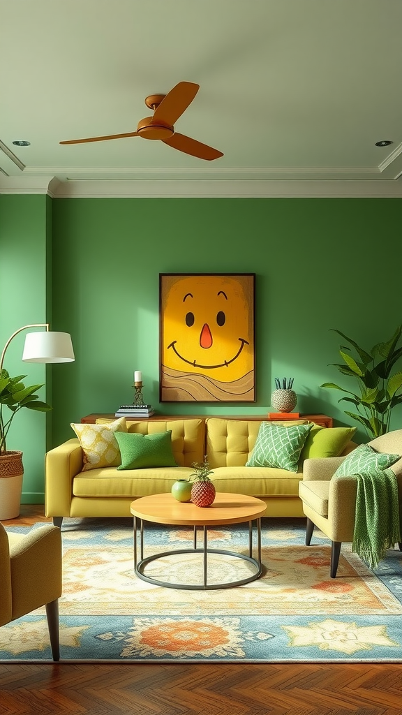A living room featuring sage green walls and yellow furniture, with bold decor elements.