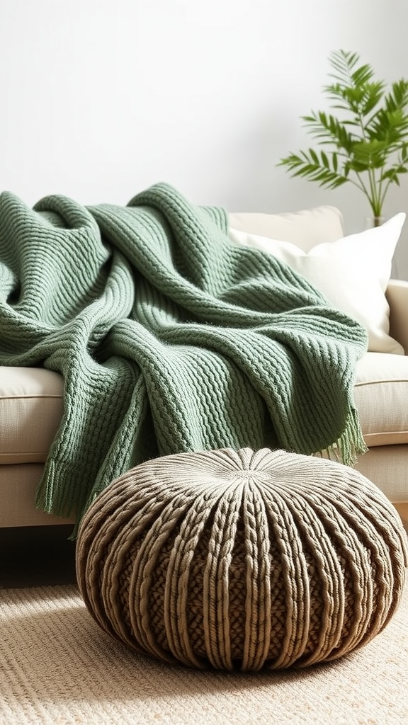 A cozy living room with a sage green blanket on a light sofa and a knitted beige pouf on a beige rug.