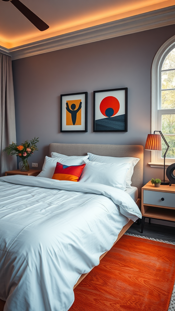 A cozy Scandinavian bedroom featuring colorful artwork, a neatly made bed with white linens, and rustic decor elements.