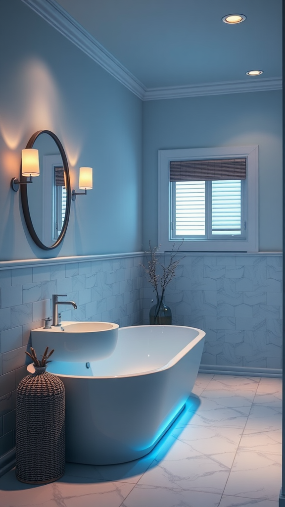 A modern bathroom with blue lighting and a sleek bathtub.