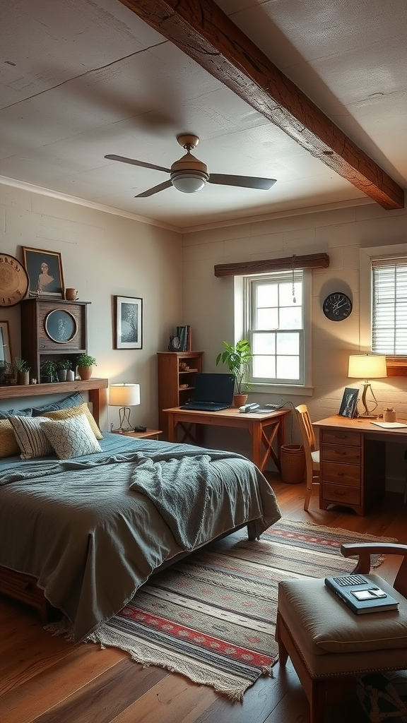 A rustic Scandinavian bedroom with a workspace, featuring wooden beams, a bed with soft linens, and a desk with a computer.