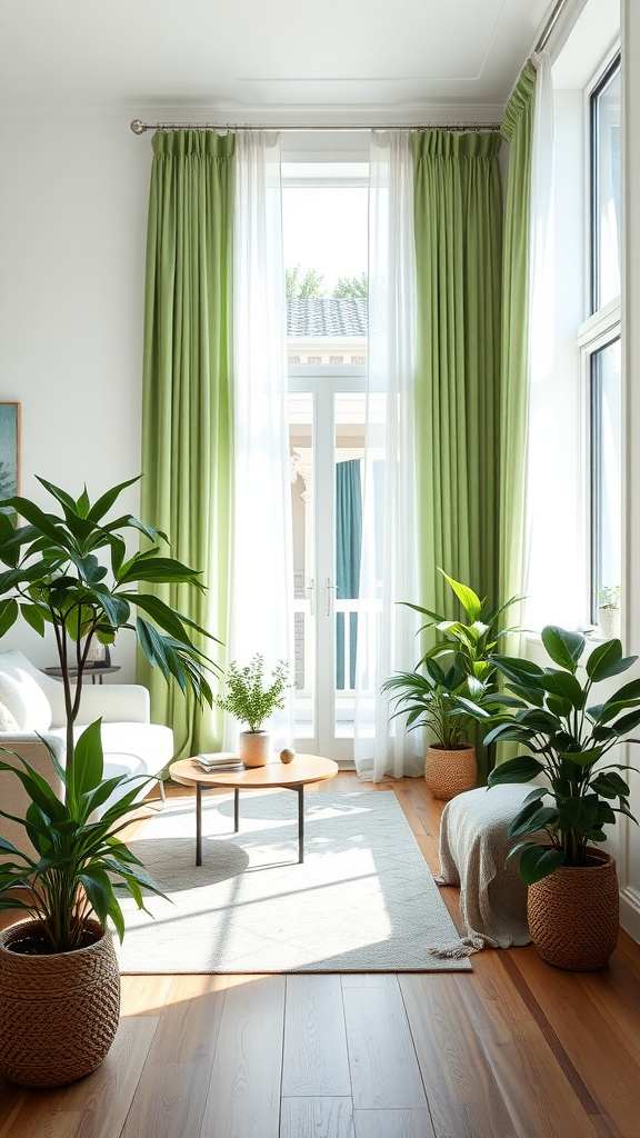 A bright living room with sage green curtains, plants, and a round coffee table.