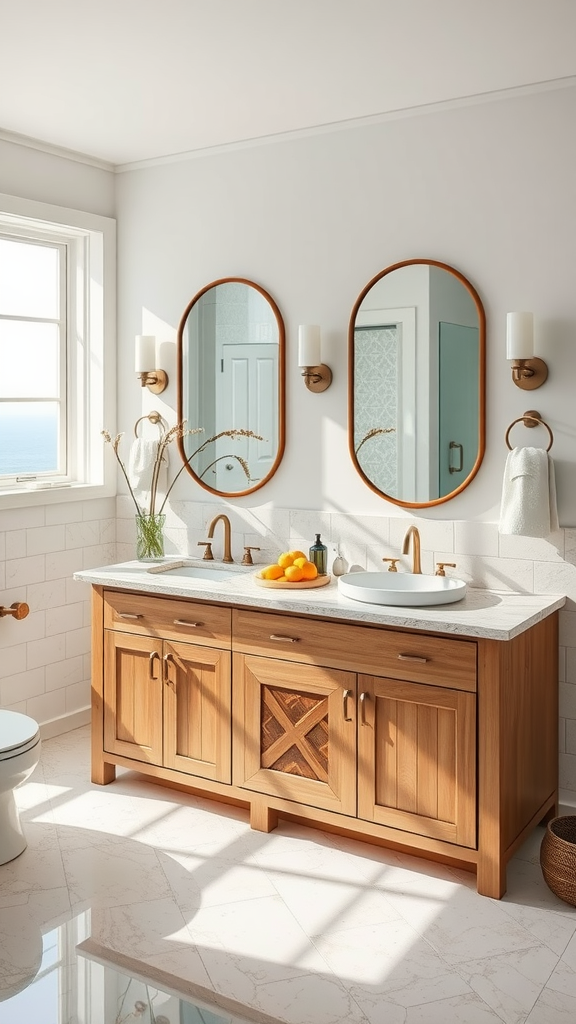 A bright bathroom featuring a natural stone countertop with a wooden vanity, mirrors, and natural light.