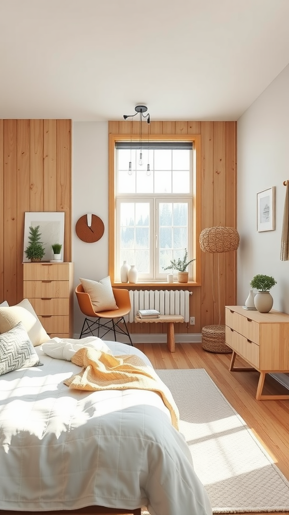 A cozy Scandinavian-style bedroom featuring natural wood accents, a comfortable bed, and stylish decor.