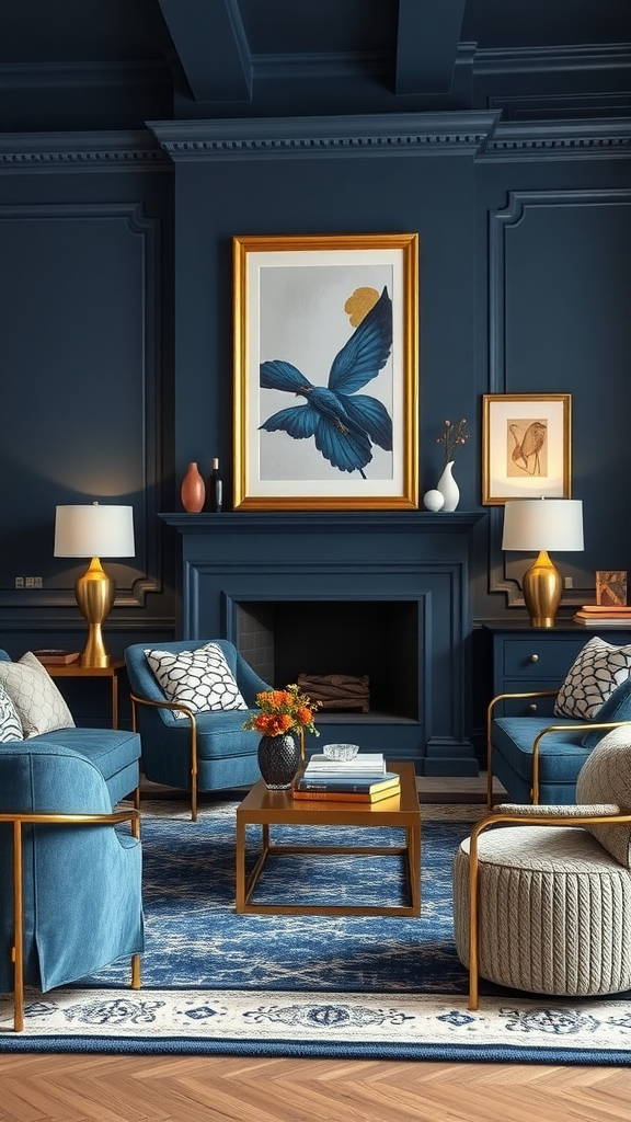 A stylish living room featuring navy blue walls, gold accents in decor, and hints of sage green.