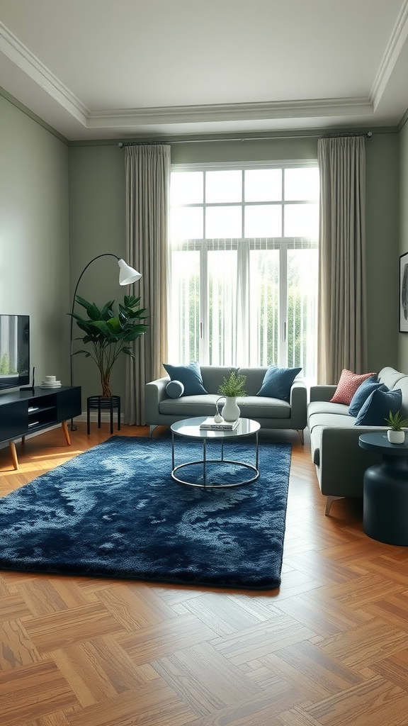 A stylish living room featuring a navy blue area rug, sage green walls, modern furniture, and natural light.